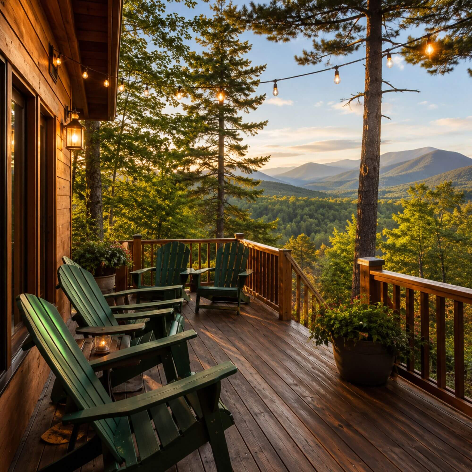 Spacious deck of a White Mountains vacation rental home with Adirondack chairs overlooking forested mountain ridgeline in New Hampshire summer