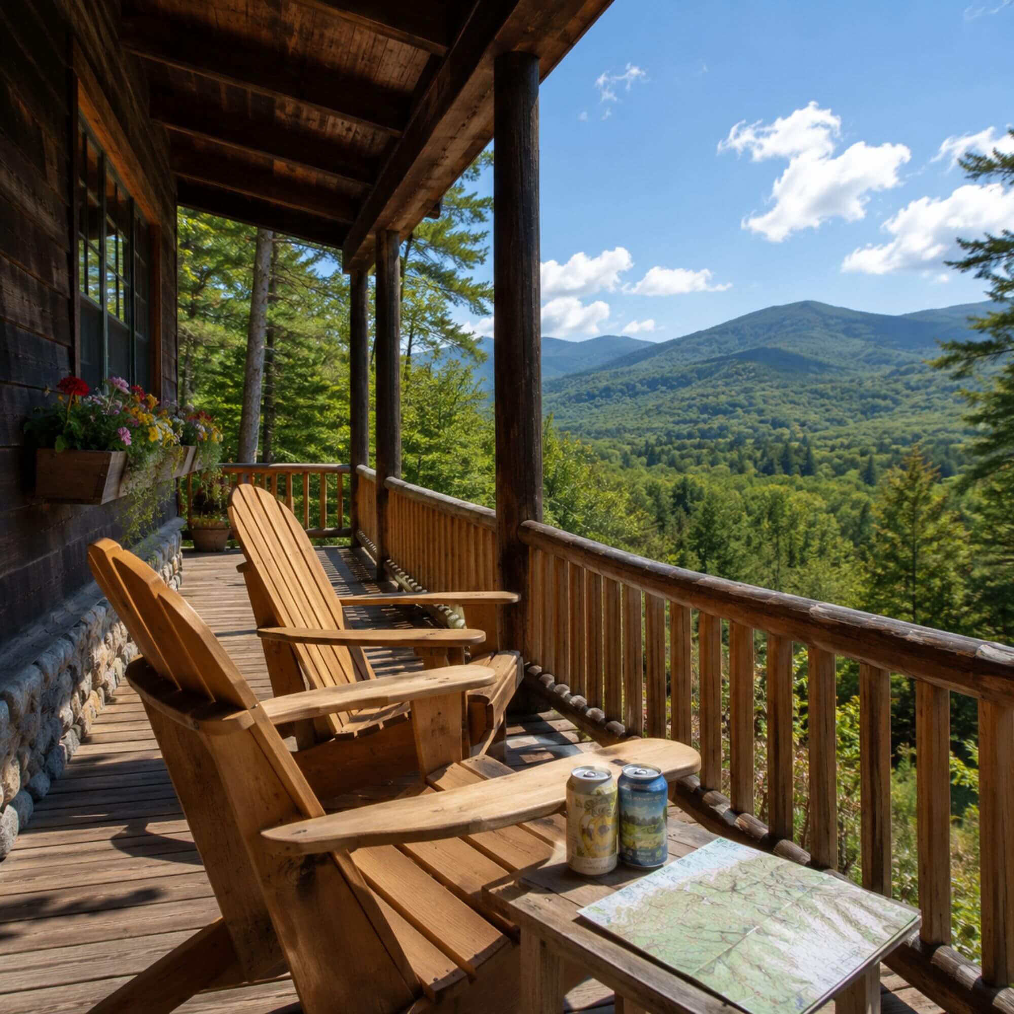 Cozy White Mountains vacation rental cabin porch with Adirondack chairs overlooking forested mountain views in summer