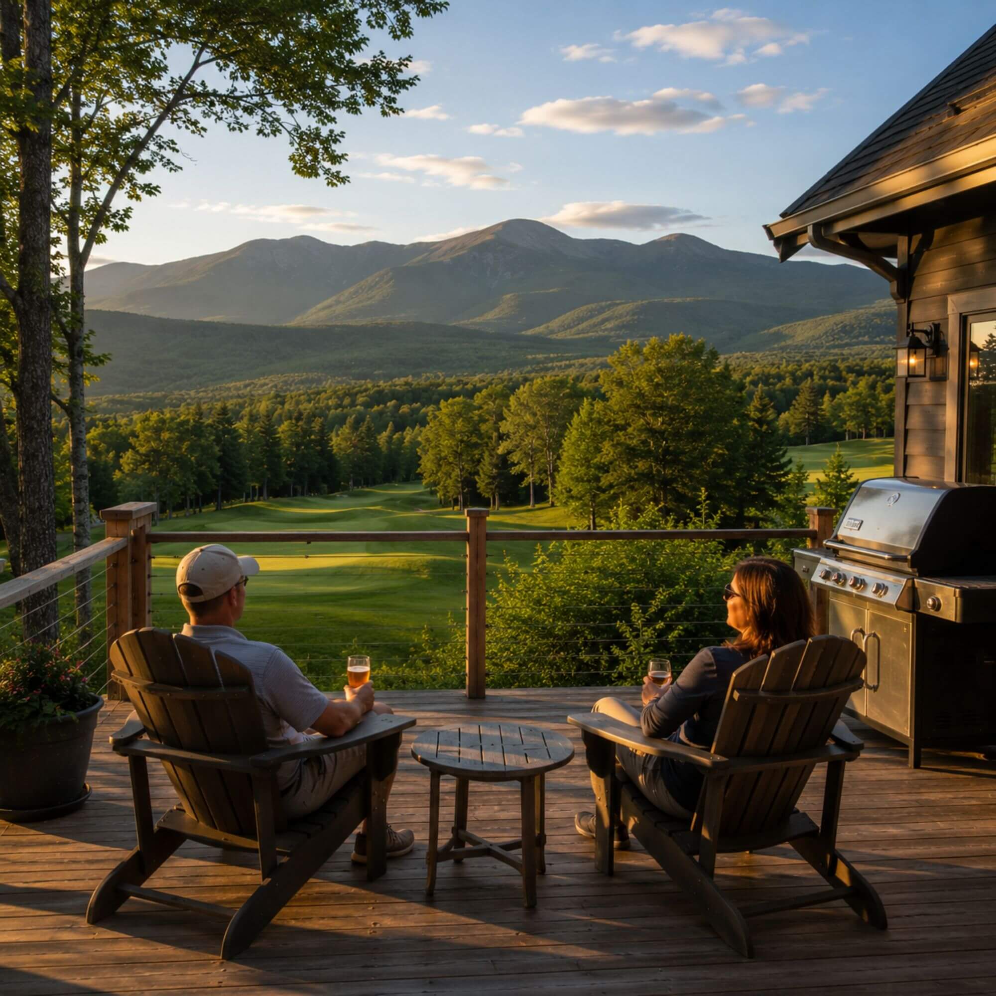 Vacation rental deck with view of golf course fairway and mountains Bretton Woods NH