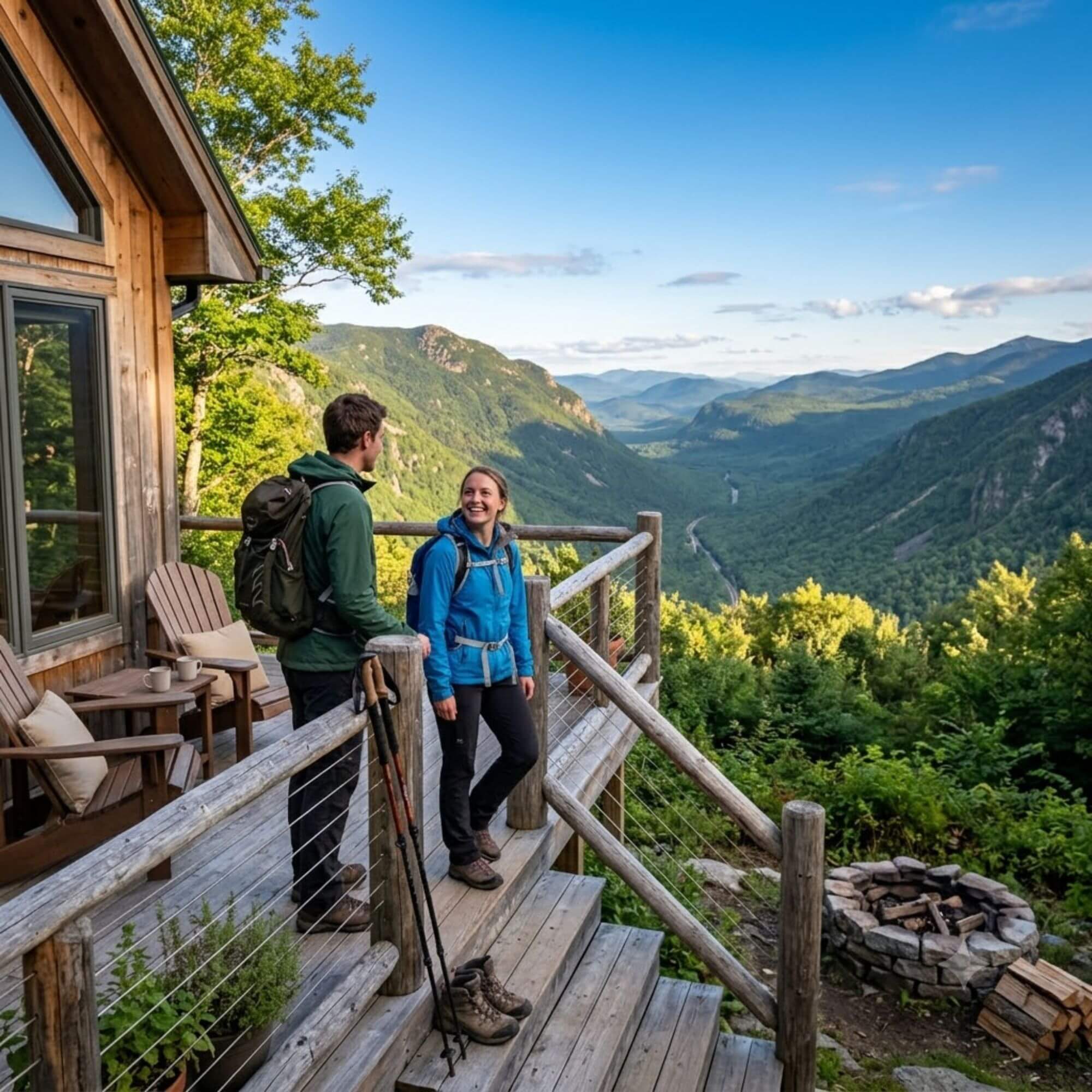 Hiker with daypack returning to White Mountains vacation rental deck after summer trail day