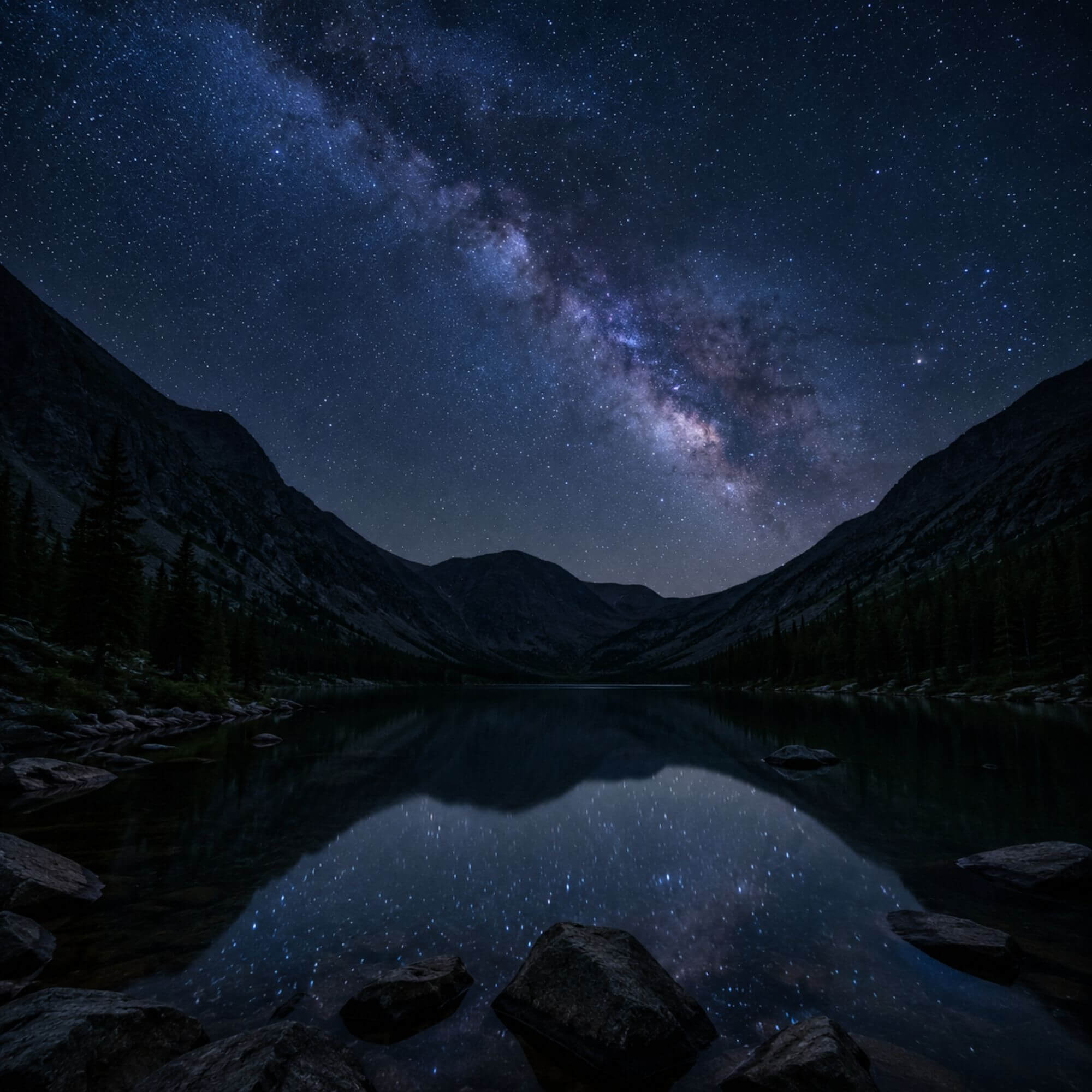 Saco Lake in Crawford Notch, New Hampshire under a starry night sky