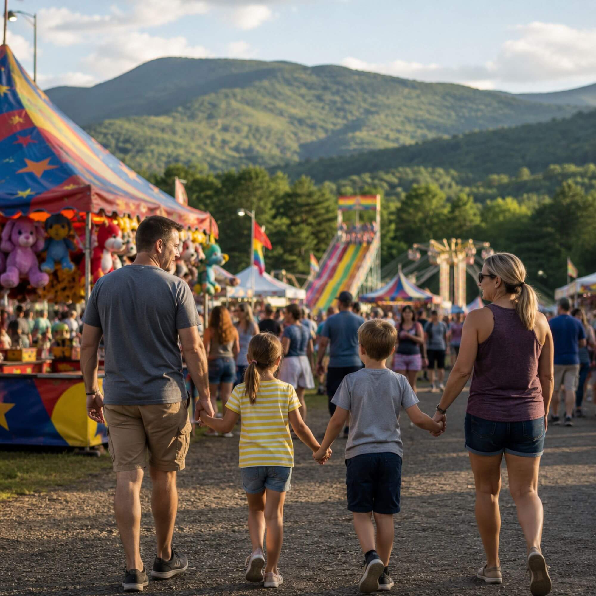  Family walking through a White Mountains county fair midway with mountains in the background 
