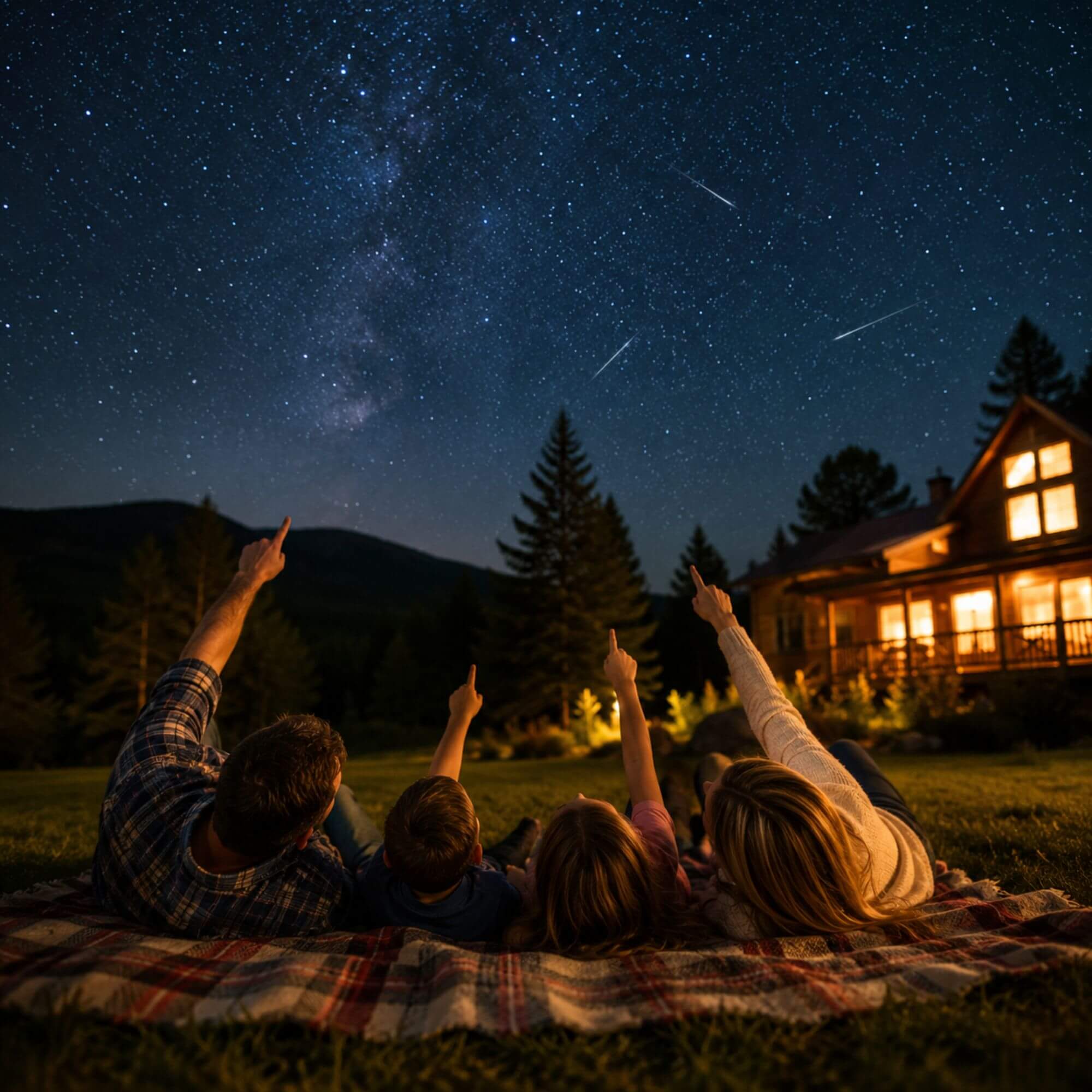 Family lying on a blanket stargazing near their White Mountains vacation rental