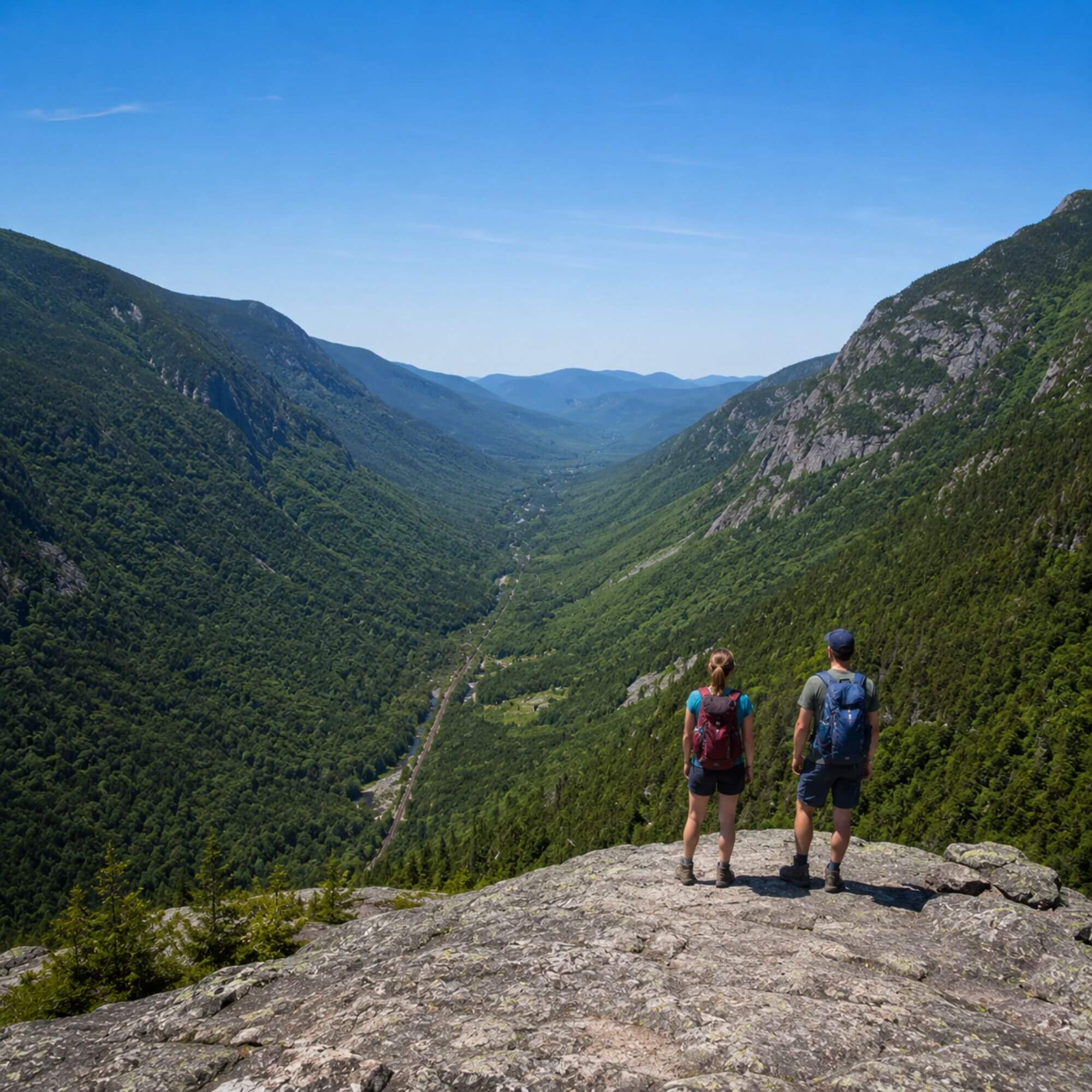 View from Mount Willard summit looking down Crawford Notch White Mountains NH in summer