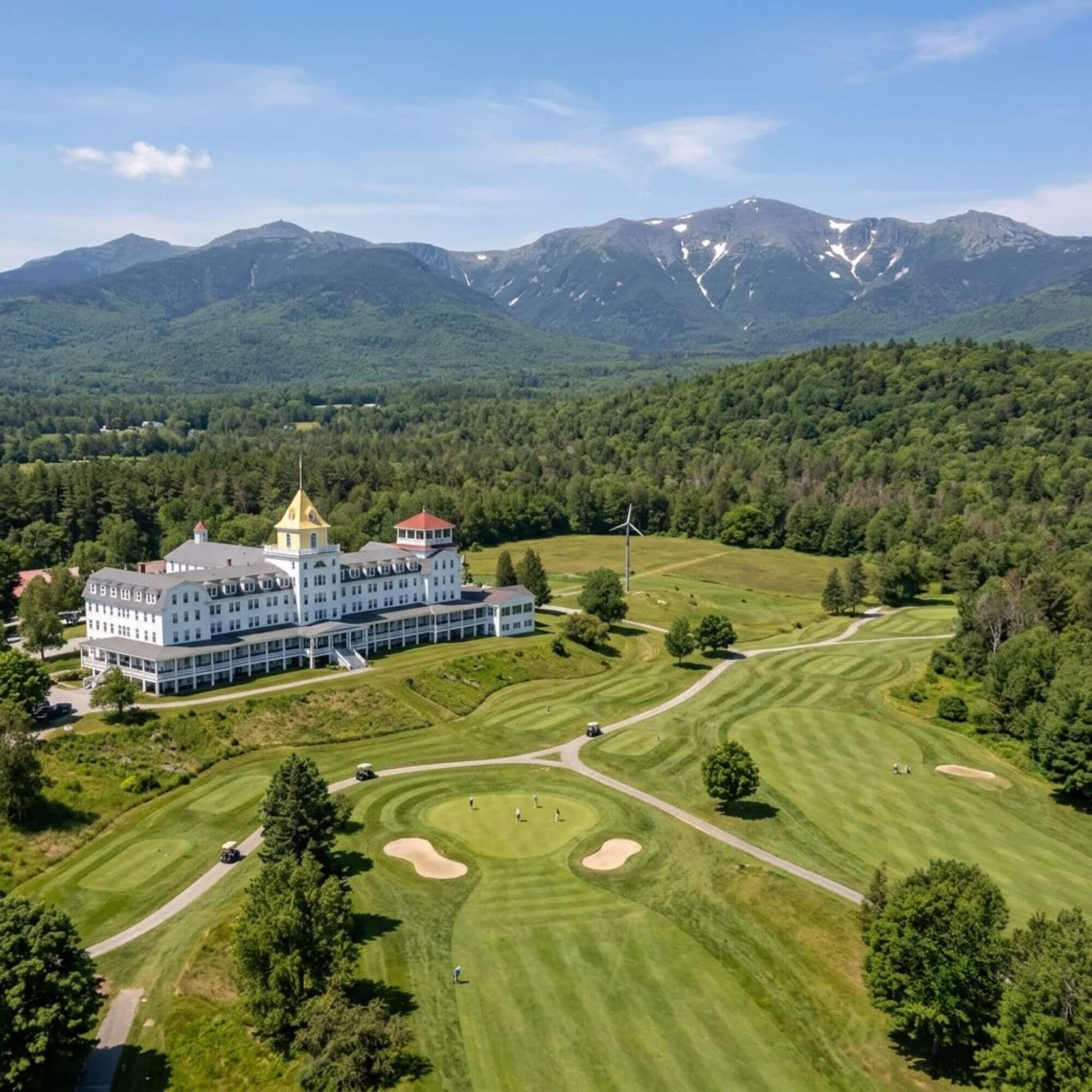 Mountain View Grand Golf Course nine hole course with resort hotel and mountains Whitefield NH 