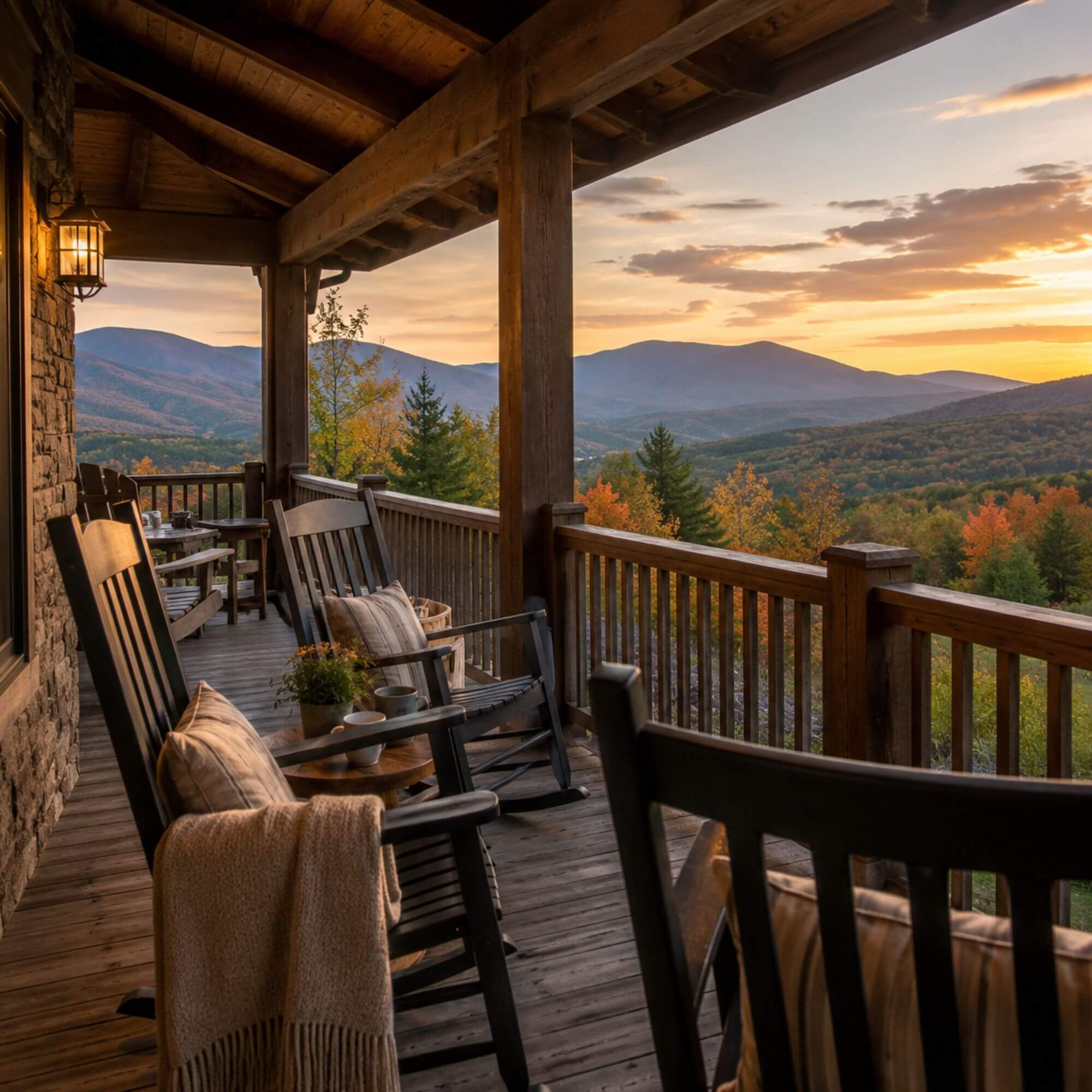 Cozy porch with mountain views set up for a late-summer evening at a White Mountains vacation rental 