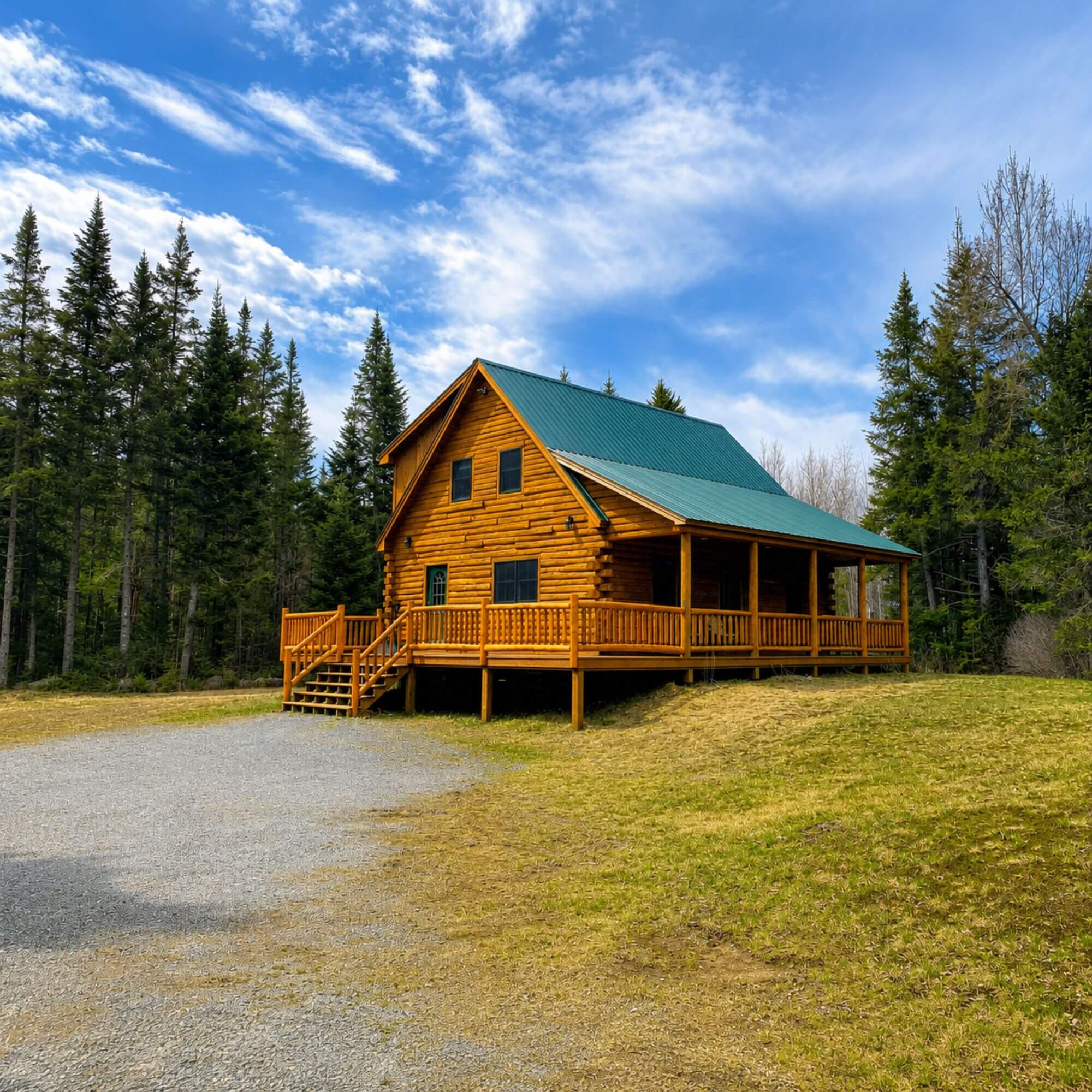 Rustic log cabin exterior surrounded by pine trees in the White Mountains