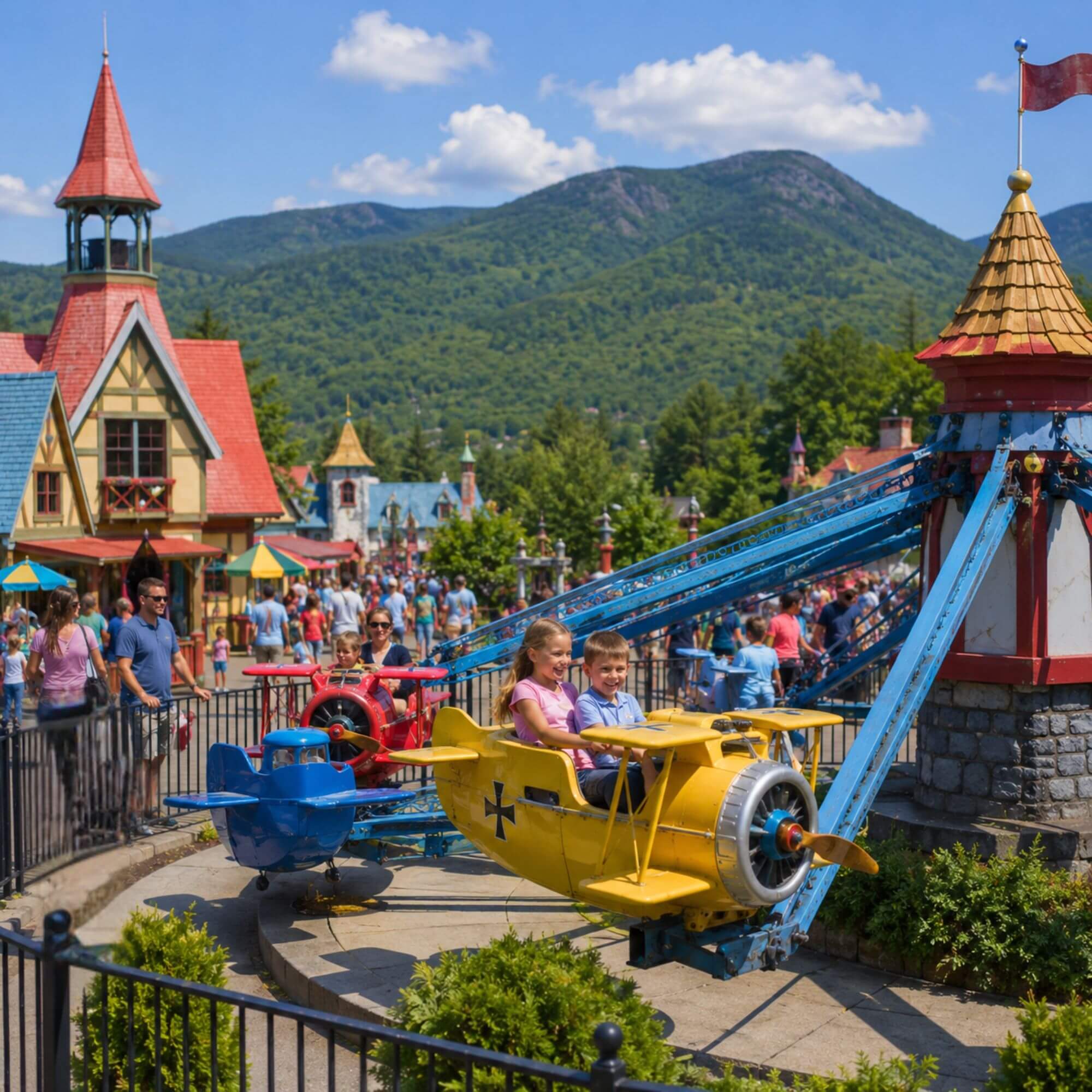 Families enjoying Story Land theme park Glen NH White Mountains summer 2026