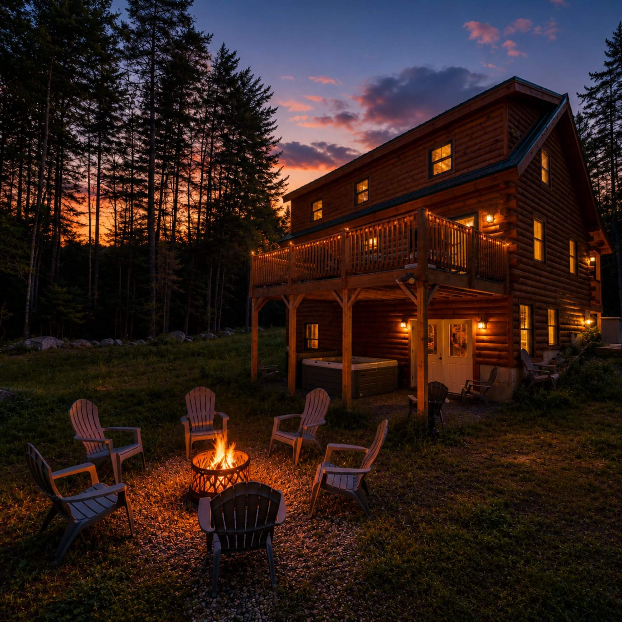  Fire pit and picnic area at dusk with mountain views at a White Mountains tiny home community 