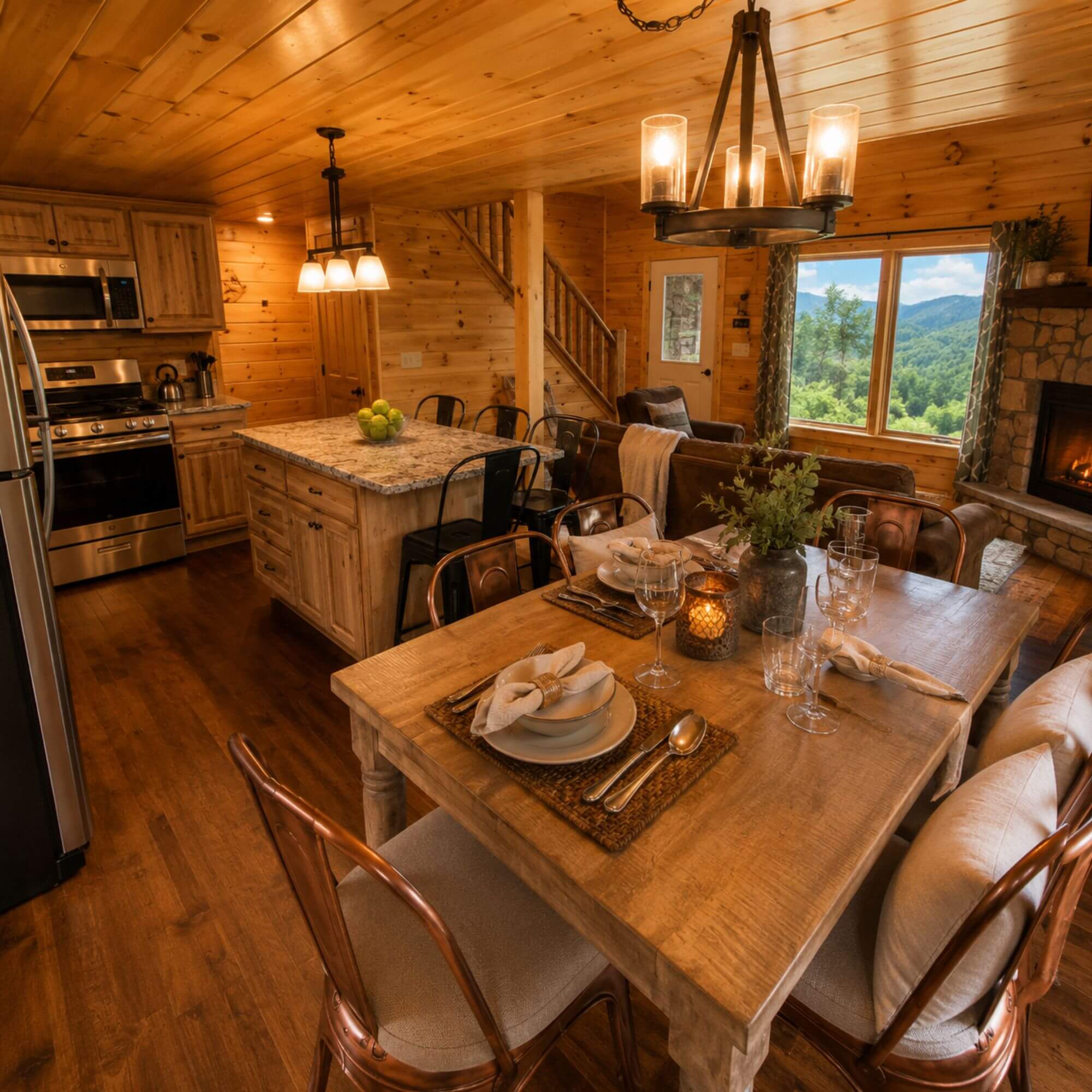 Cozy tiny home interior with gas fireplace and full kitchen at Boulder Mountain View 