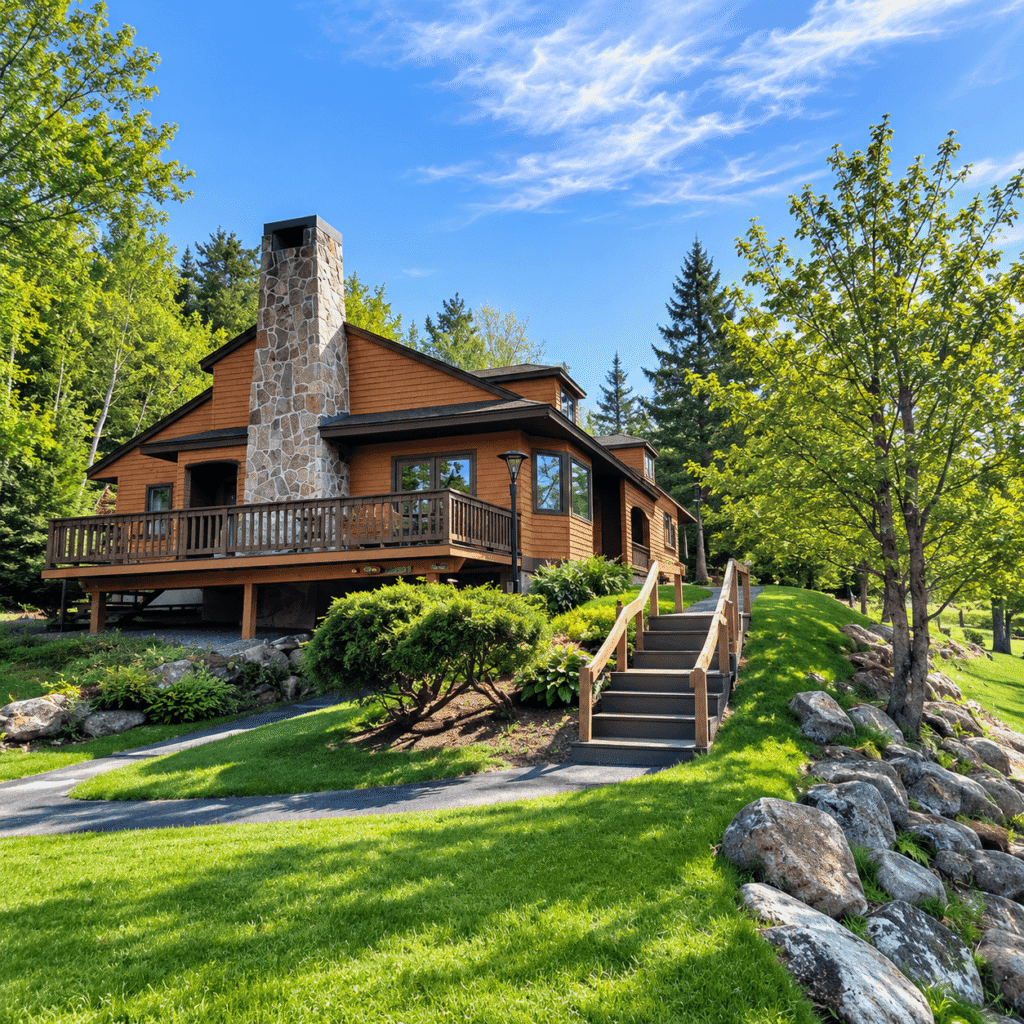 Bretton Woods Vacations rental home exterior on a September evening