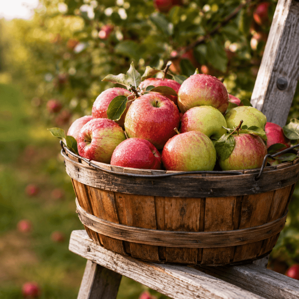 Basket of freshly picked apples at a New Hampshire orchard