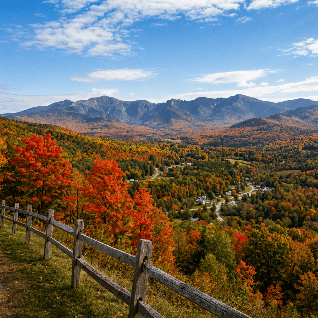 Sugar Hill New Hampshire overlook with fall foliage and Presidential Range in background