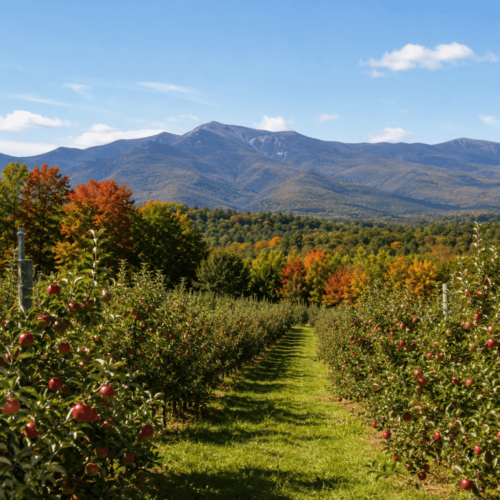 New Hampshire orchard in September with White Mountains in the background