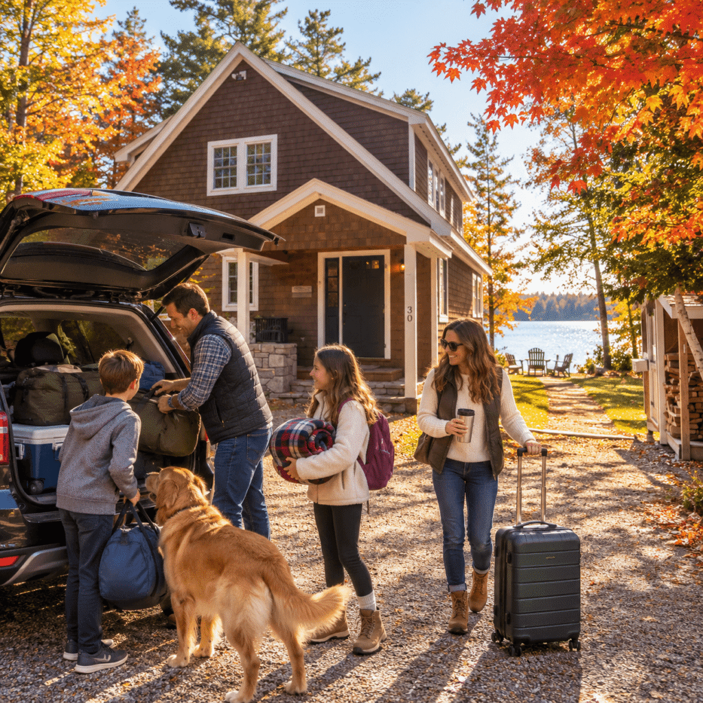 A family loading a car outside a White Mountains vacation rental on a crisp fall morning before a day trip