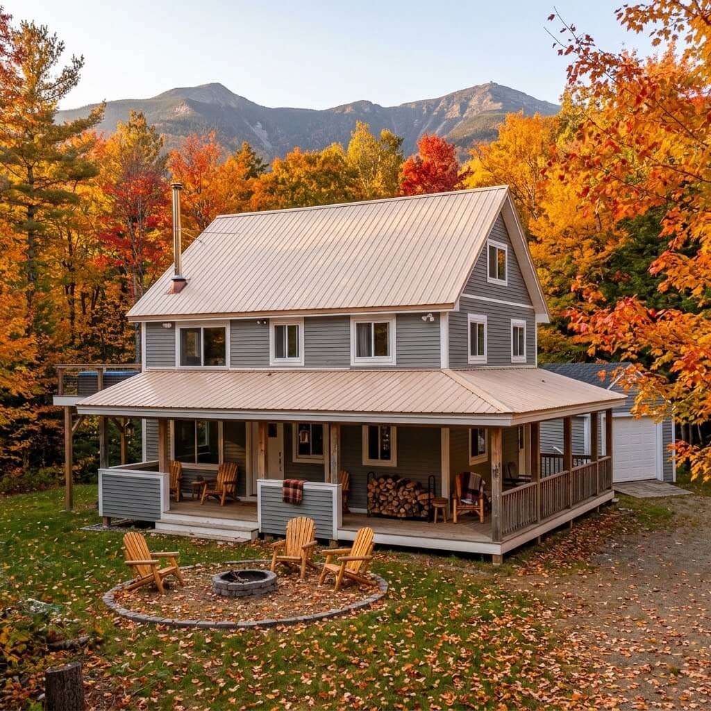 A White Mountains vacation rental home with a covered porch overlooking peak fall foliage near Bretton Woods, New Hampshire