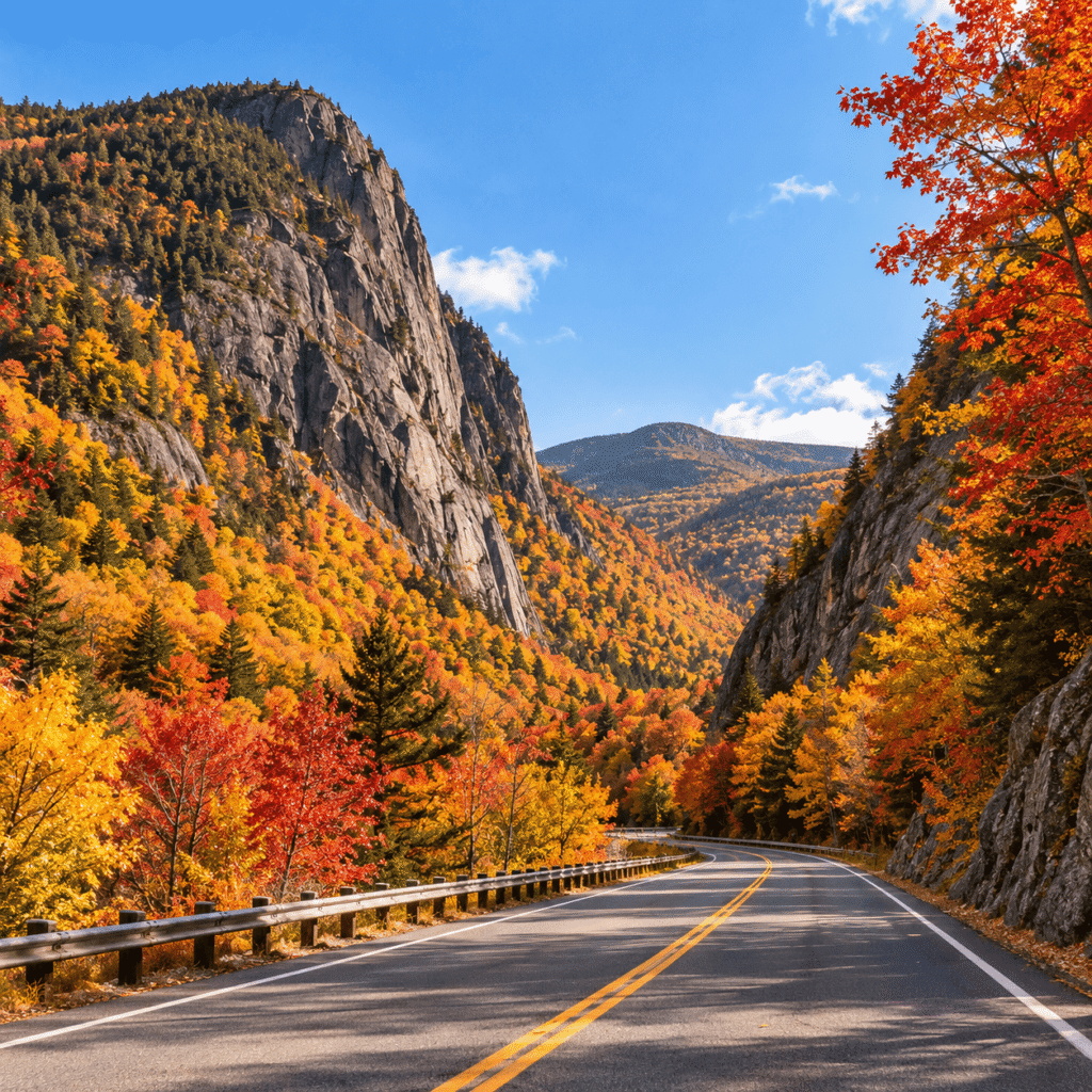 Peak fall foliage along the Crawford Notch Scenic Byway near Bretton Woods, New Hampshire during Columbus Day weekend