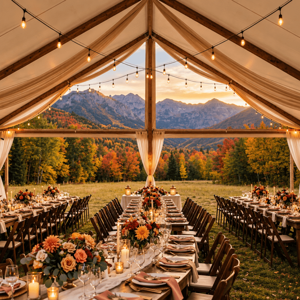 : A heated wedding reception tent with string lighting set up for a fall wedding in the White Mountains at dusk