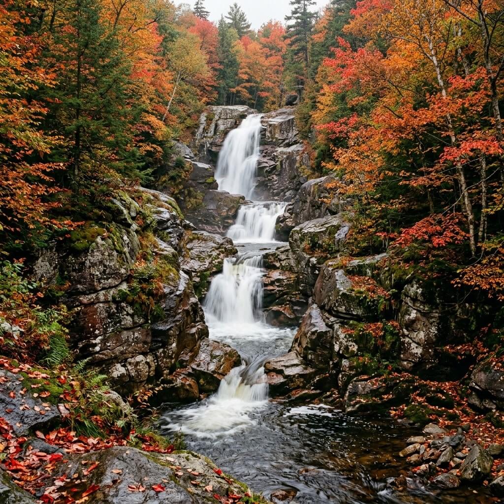 Sabbaday Falls cascading through a narrow granite flume along the Kancamagus Highway surrounded by fall foliage
