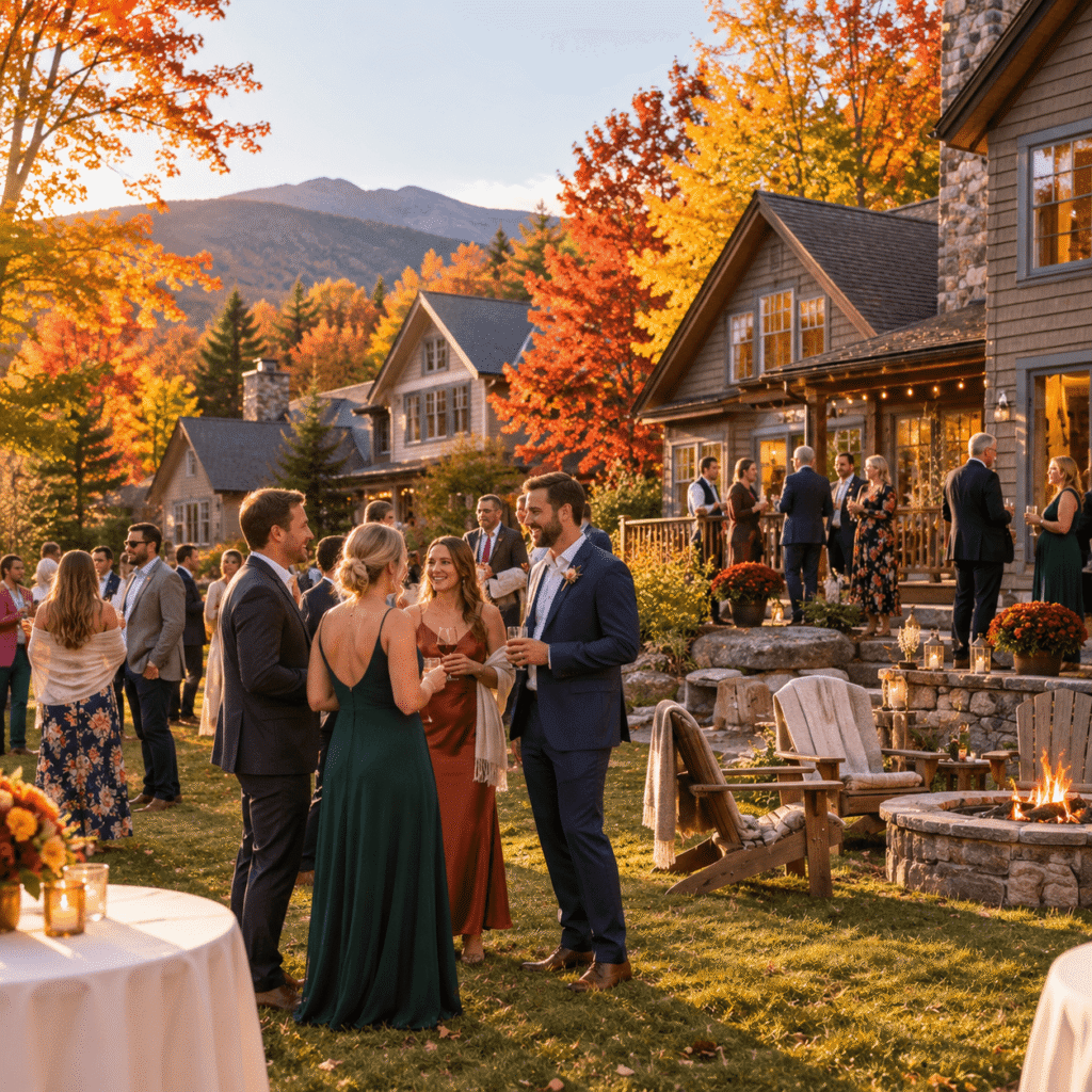 A group of wedding guests gathered outside connected vacation rental homes in the White Mountains during a fall wedding weekend